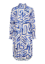 Lade das Bild in den Galerie-Viewer, Blusenkleid in creme mit blauem Print, Knopfleiste und Hemdkragen in einer Midilänge, Wunderwerk Oldenburg