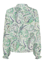 Lade das Bild in den Galerie-Viewer, Paisley Bluse in grün mit Rüschenleiste am Knopfverschluss und kleinem Gummibund am Ärmelabschluss, Wunderwerk Oldenburg