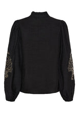 Lade das Bild in den Galerie-Viewer, Lockere Bluse in schwarz mit V-Ausschnitt  und Print auf den Ärmeln, Wunderwerk Oldenburg