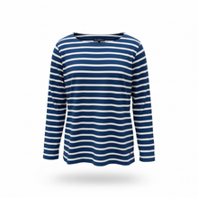 Lade das Bild in den Galerie-Viewer, Langarmshirt mit Jeansblauen und weißen Streifen und Rundhals Wunderwerk Oldenburg