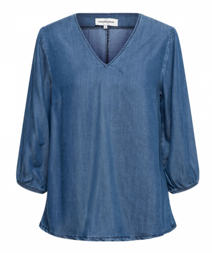 Blaue Bluse mit V-Aussschnitt aus fließendem Material, Wunderwerk Oldenburg