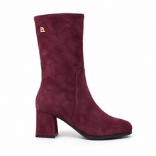 Lade das Bild in den Galerie-Viewer, Stiefelette aus Veloursleder in Bordeaux mit stabilem Blockabsatz
