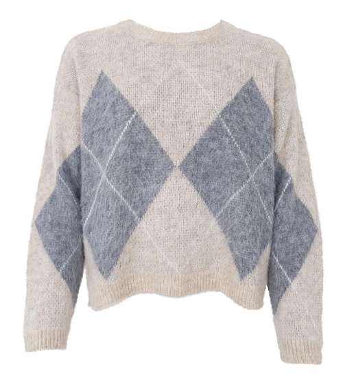 Pullover mit Rundhals in creme mit grauen Karos, Wunderwerk Oldenburg