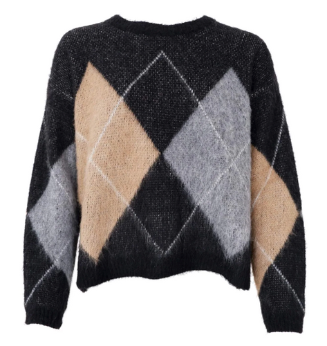 Pullover mit Rundhals in schwarz mit grauen und camelfarbenem Karos, Wunderwerk Oldenburg