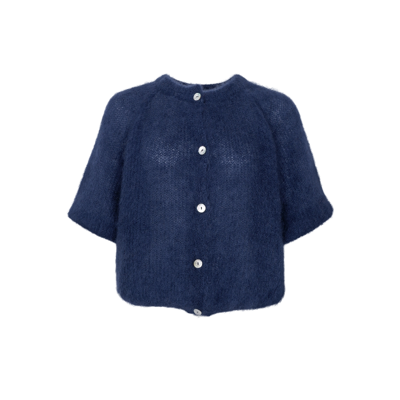 Dunkelblaue Strickjacke mit halblangen Ärmeln und femininem Rundhalsausschnitt Wunderwerk Oldenburg