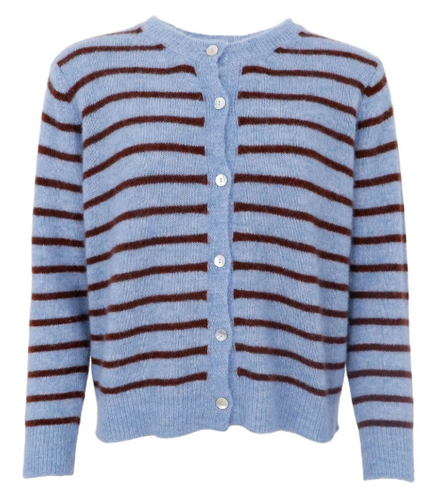 Jeansblauer Wollcardigan mit braunen Querstreifen und durchgehenden Knöpfen, Wunderwerk Oldenburg
