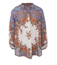 Lade das Bild in den Galerie-Viewer, Bluse in einer Einheitsgröße mit Paisley- und Blumenmuster in Blau mit Erdtönen, Wunderwerk Oldenburg
