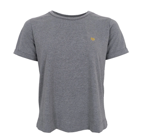 Graues T-Shirt mit Rundhalsausschnitt und goldenem Herz auf der linken Brustseite, Wunderwerk Oldenburg