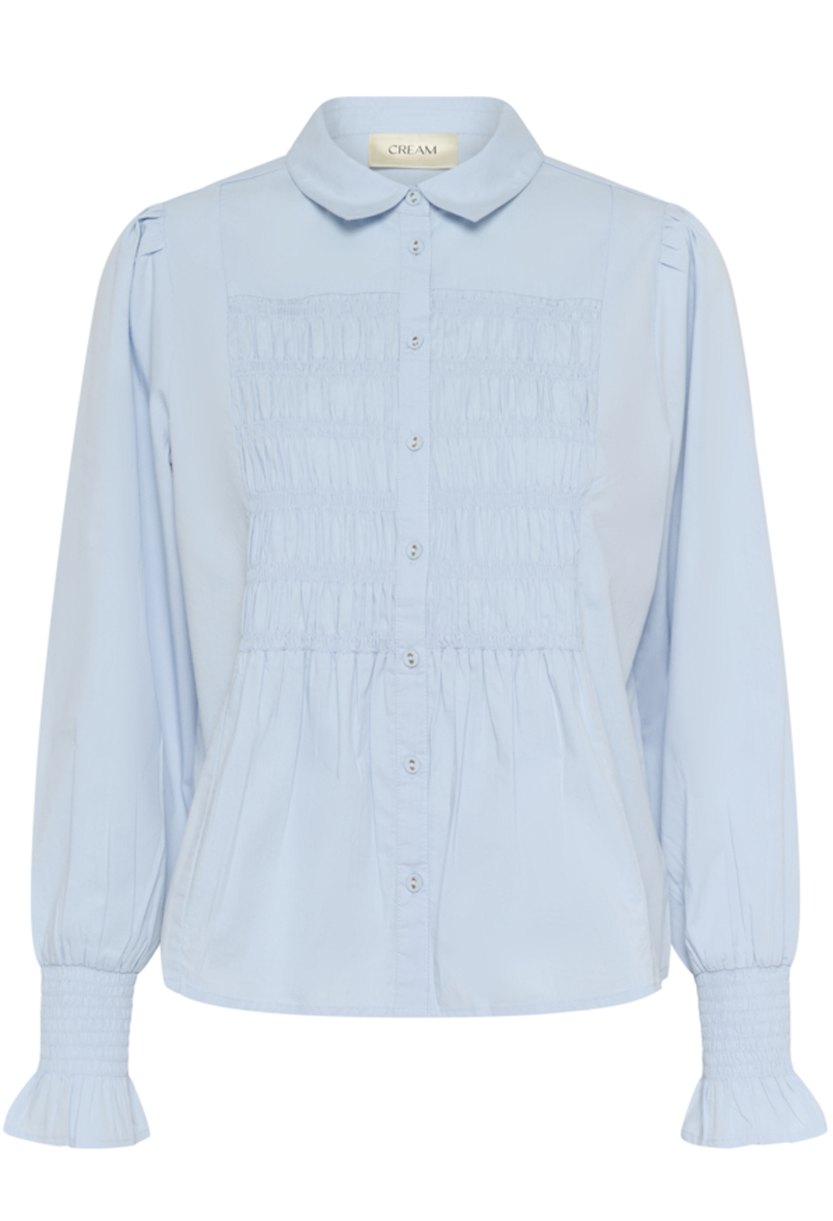 Hellblaue Bluse mit Smokdetails am Brust und Rückenbereich sowie am Ärmelabschluss, Wunderwerk Oldenburg