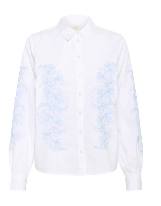 Weiße Bluse mit floralem hellblauem Muster auf der Vorderseite, Hemdkragen, Wunderwerk Oldenburg