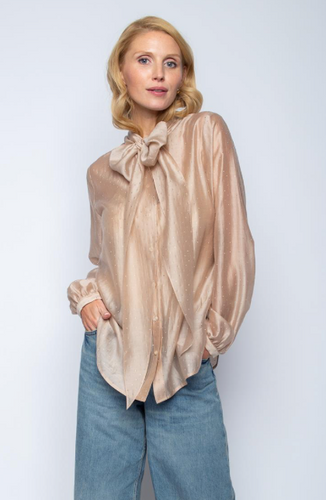 Leichte Bluse mit kleinem Stehkragen und abnehmbarer Schluppe und kleinen aufgesetzten Glitzersteinchen, Wundwerk Oldenburg