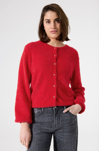 Roter kuscheliger Cardigan mit goldenen kleinen Knöpfen, Wunderwerk Oldenburg