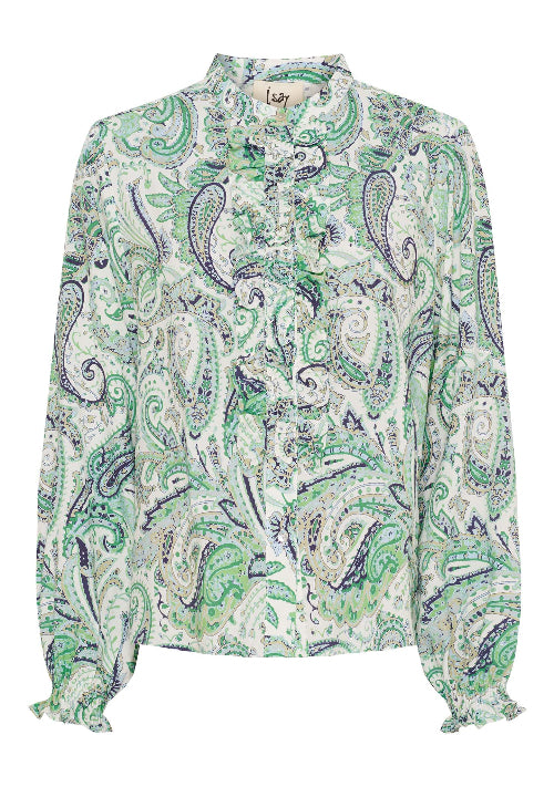 Paisley Bluse in grün mit Rüschenleiste am Knopfverschluss und kleinem Gummibund am Ärmelabschluss, Wunderwerk Oldenburg