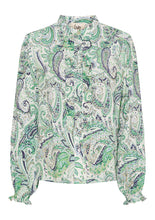Lade das Bild in den Galerie-Viewer, Paisley Bluse in grün mit Rüschenleiste am Knopfverschluss und kleinem Gummibund am Ärmelabschluss, Wunderwerk Oldenburg

