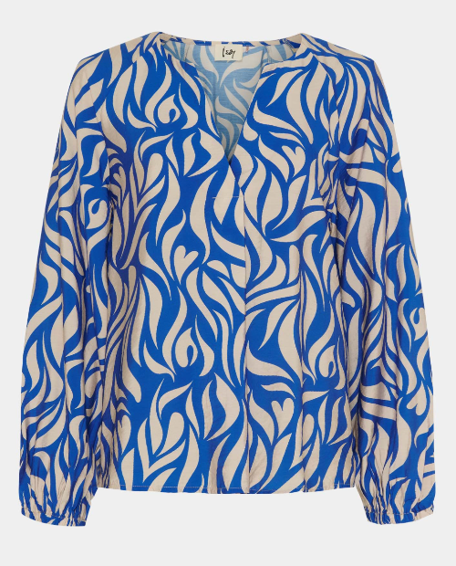 Bluse mit V-Ausschnitt und blauem /creme färbenem Muster, Wunderwerk Oldenburg