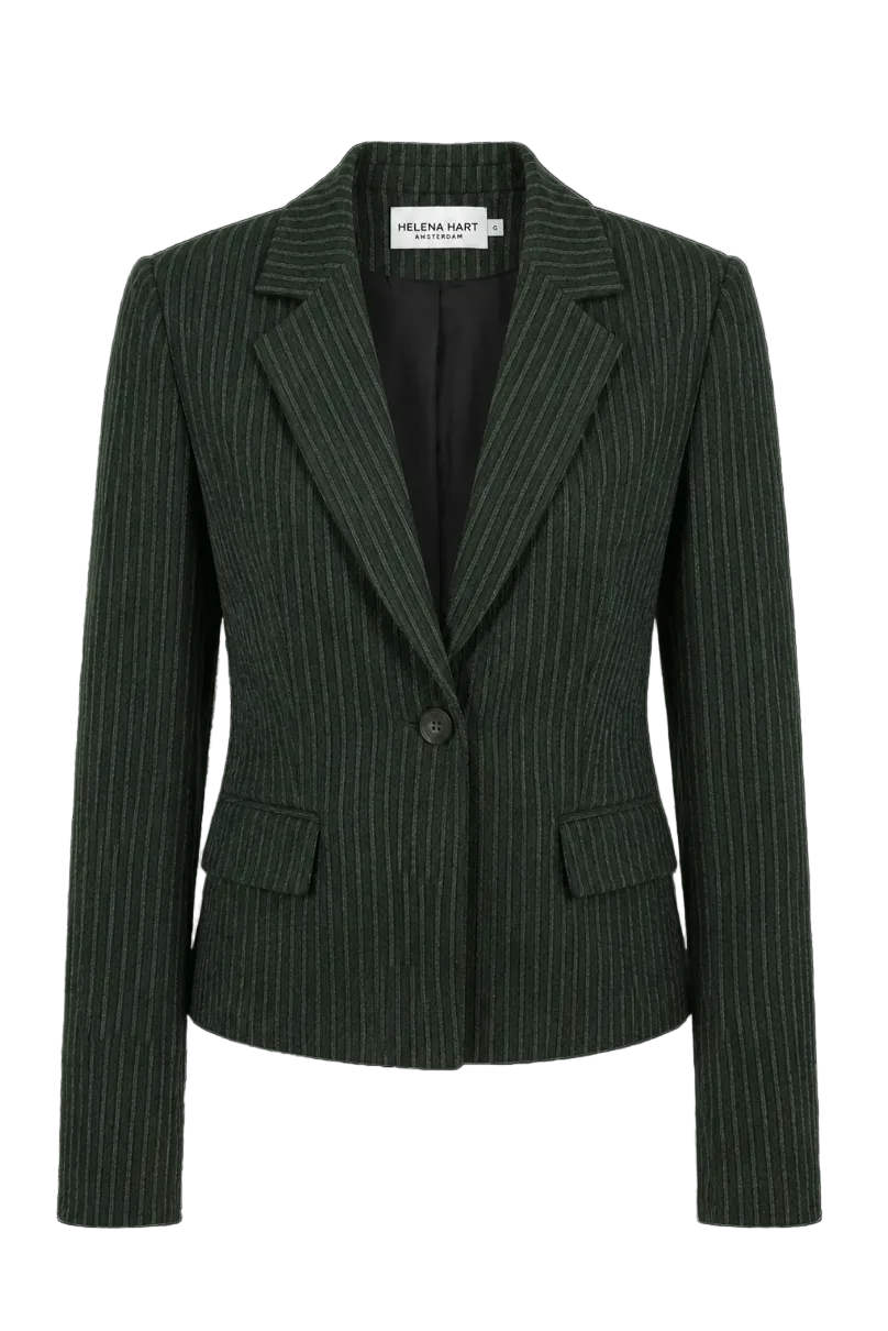 Taillierter Cropped Blazer in dunkelgrün mit Zwei-Knopf-Verschluss und modernem Muster, Wunderwerk Oldenburg