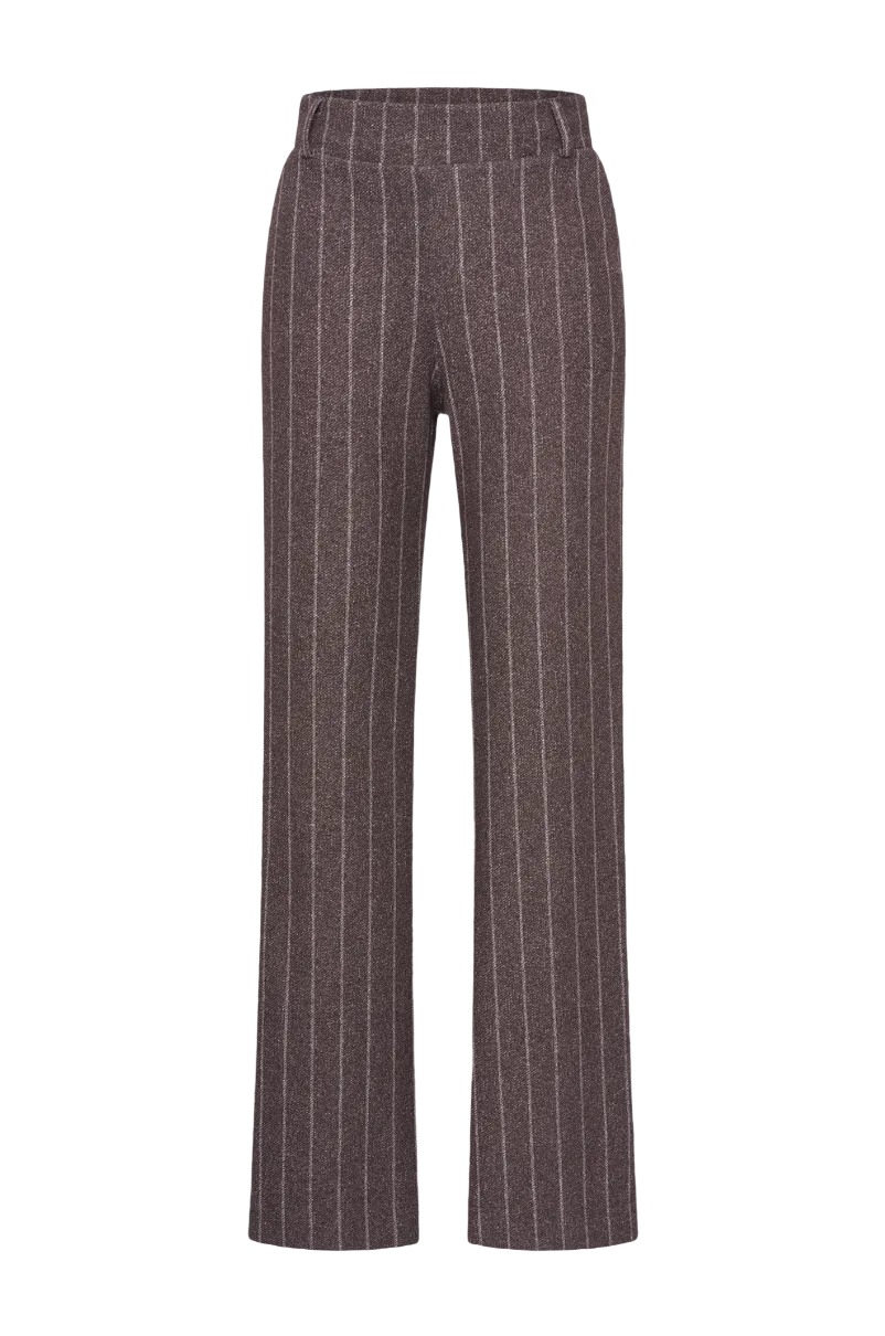 Gerade geschnittene Hose in dunkelbraun mit elastischem Bund und feinem Streifenmuster, Wunderwerk Oldenburg