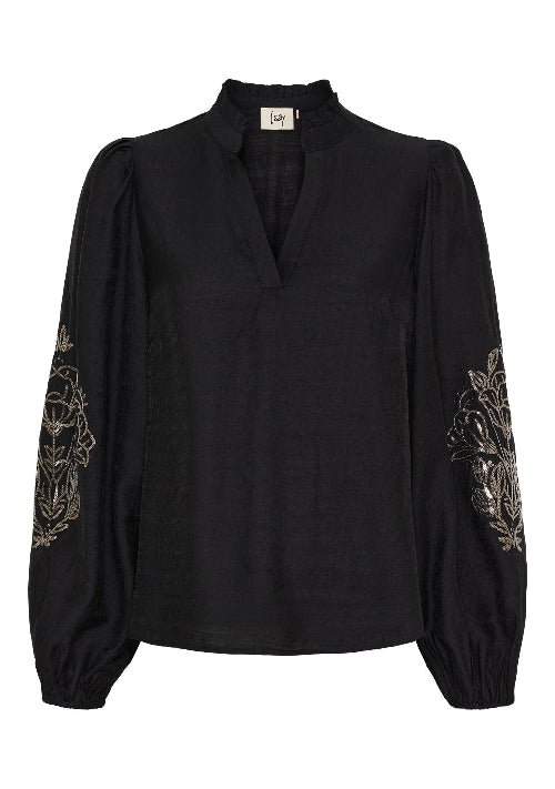 Lockere Bluse in schwarz mit V-Ausschnitt  und Flowerprint auf den Ärmeln, Wunderwerk Oldenburg