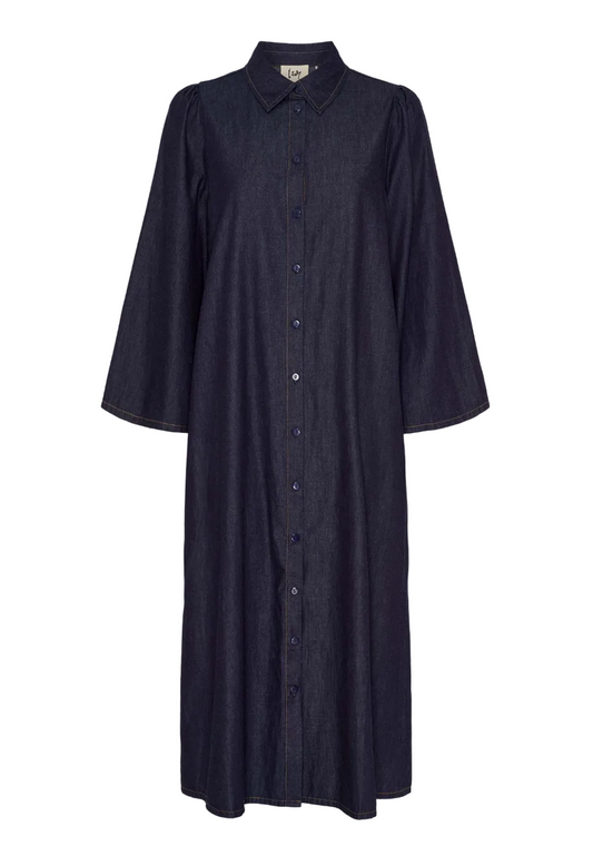 dunkelblaues langes Jeanskleid mit Hemdkragen und langen Ärmeln sowie Knöpfen zum schließen