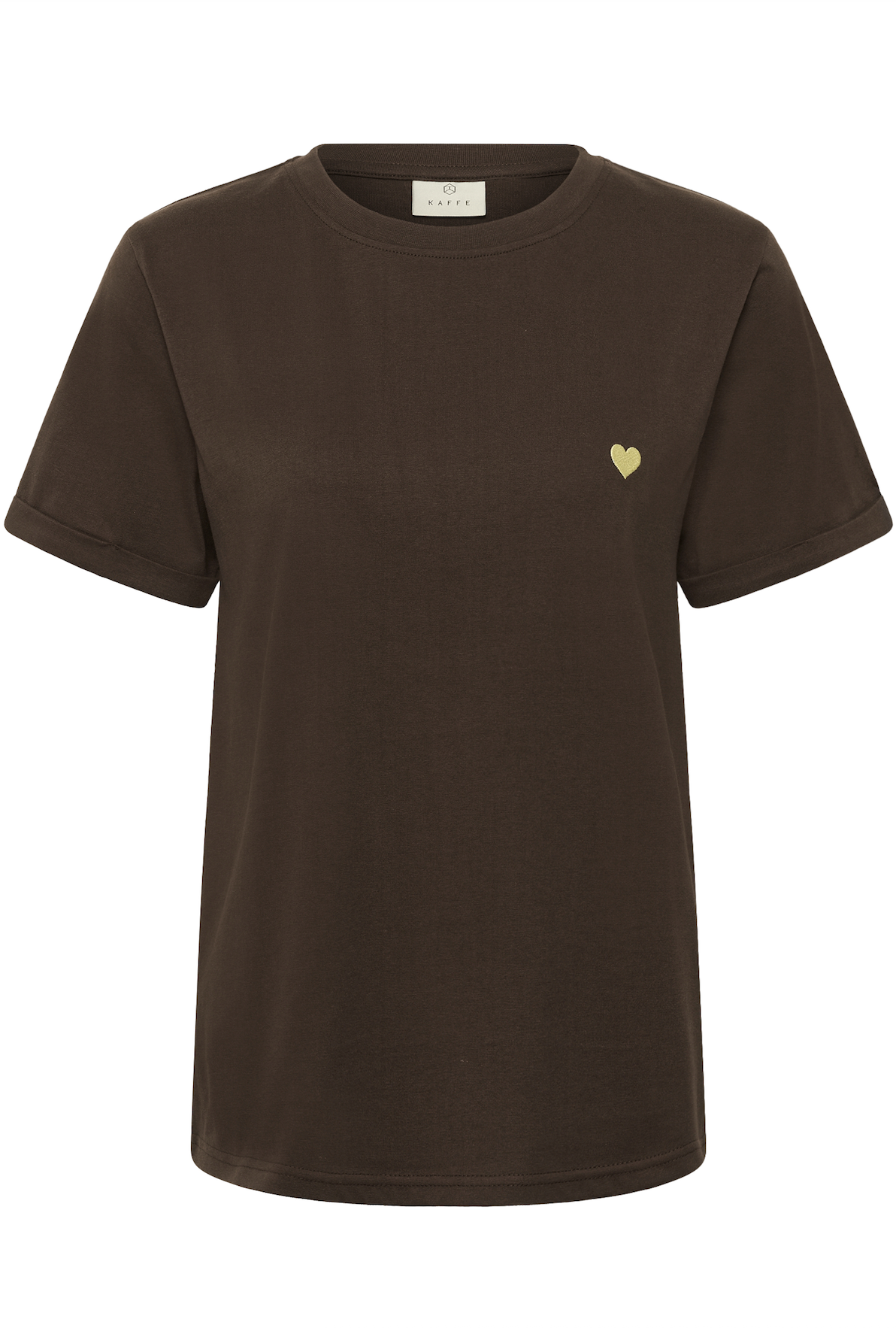 T-Shirt in dunkelbraun mit einem gelbem kleinem Herz auf der linken Brust, Rundhals Wunderwerk Oldenburg