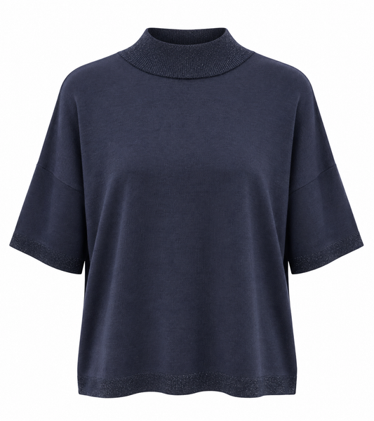 Dunkelblauer kurzarmpullover mit Lurex am Saum und Halsausschnitt, Wunderwerk Oldenburg