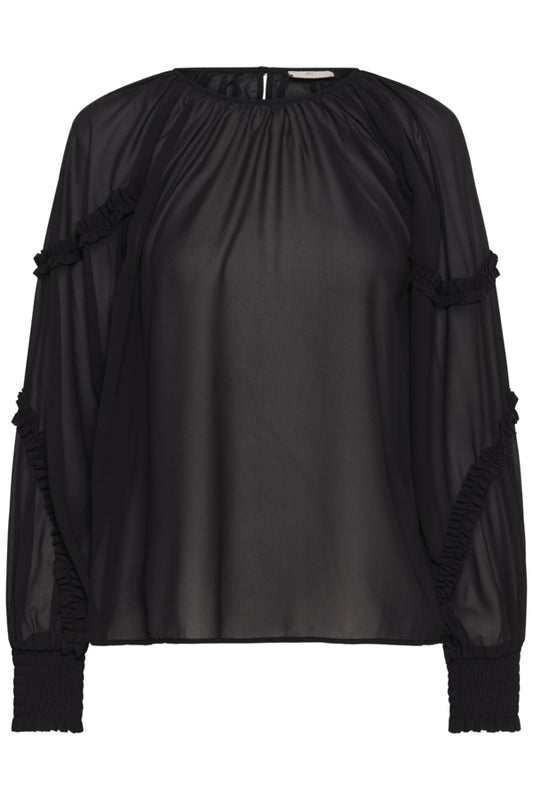 Schwarze Bluse mit Rüschendetails und gesmokten Ärmelbündchen, Wunderwerk Oldenburg