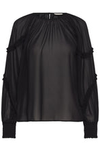 Lade das Bild in den Galerie-Viewer, Schwarze Bluse mit Rüschendetails und gesmokten Ärmelbündchen, Wunderwerk Oldenburg
