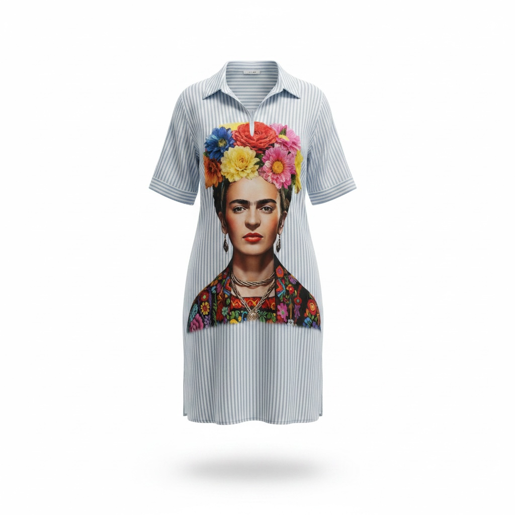 Blusenkleid in hellblau weiß gestreift mit großem Frida Kahlo Print auf der Vorder- und Rückseite, Wunderwerk Oldenburg
