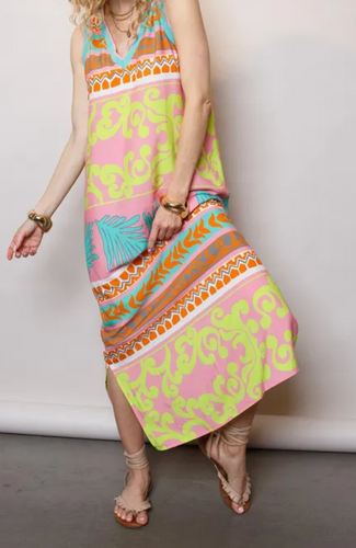 Gemustertes langes Kleid mit Bordürenprint in der Farbe rose lime, Wunderwerk Oldenburg
