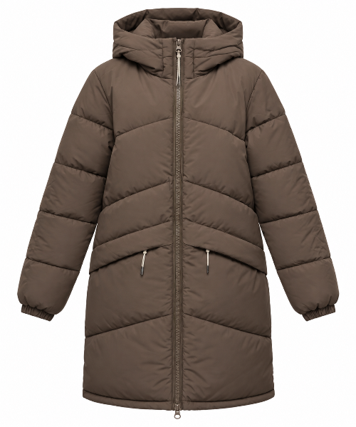 wattierte Steppjacke in braun mit Kapuze, markanter Chevron-Steppung und durchgehendem Zwei-Wege-Reißverschluss, Wunderwerk Oldenburg