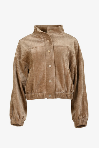 Kurze Cordjacke in einem Karamell Ton mit goldenen Druckknöpfen zum schließen und Gummibund sowie kleinem Stehkragen, Wunderwerk Oldenburg