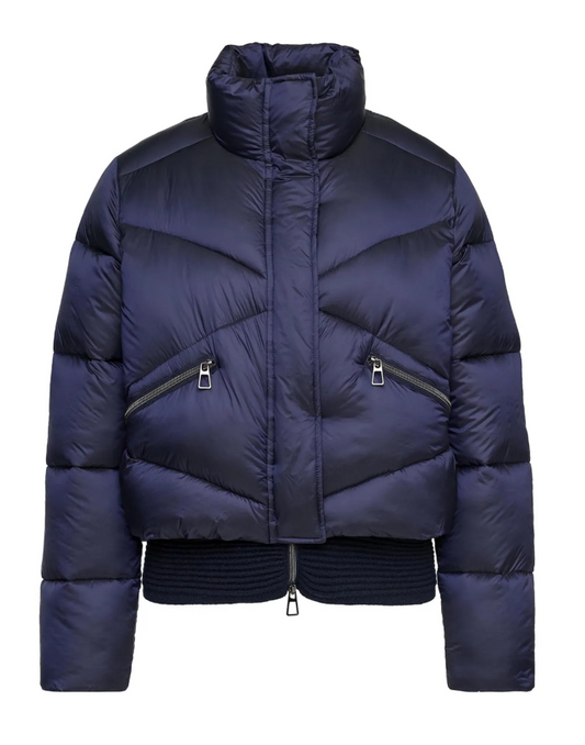 Dunkelblaue glänzende Steppjacke mit Stehkragen, Reißverschlussseitentaschen und Reißverschluss, Wunderwerk Oldenburg