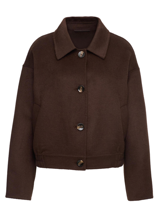 Dunkelbraune kurze Wolljacke mit Hemdkragen und Knöpfen Wunderwerk Oldenburg