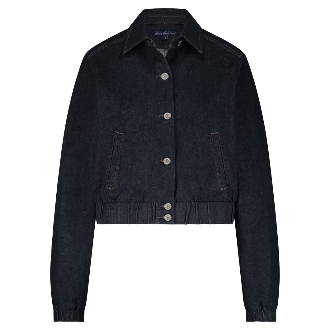 Jeansjacke im Bomberjacken Style, dunkelblau mit Gummibund und Knöpfen und Hemdkragen, Wunderwerk Oldenburg