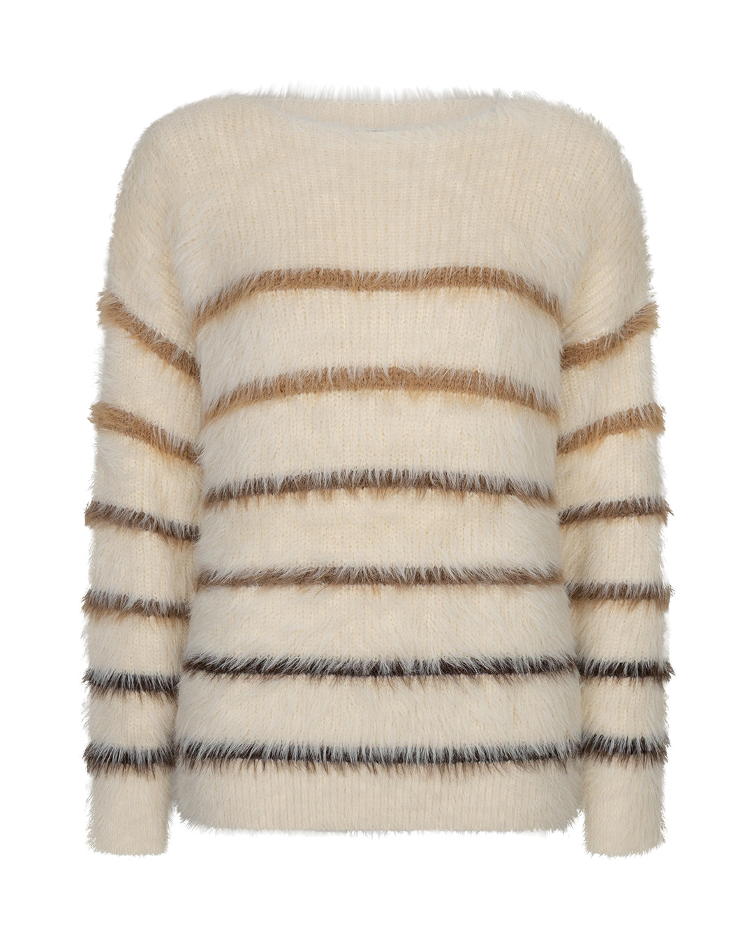 Kuschelpullover in creme mit Rundhals und 2 camel und 2 cappucinofarbenen sowie 2 dunkelbraunen Streifen, Wunderwerk oldenburg