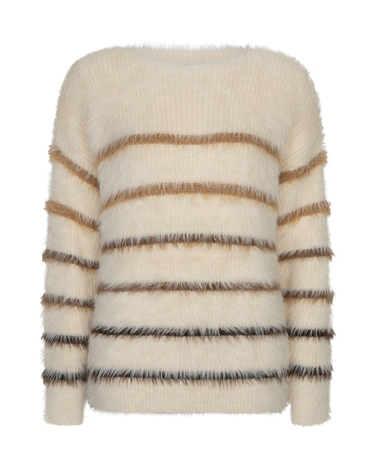 Kuschelpullover in creme mit Rundhals und 2 camel und 2 cappucinofarbenen sowie 2 dunkelbraunen Streifen, Wunderwerk oldenburg