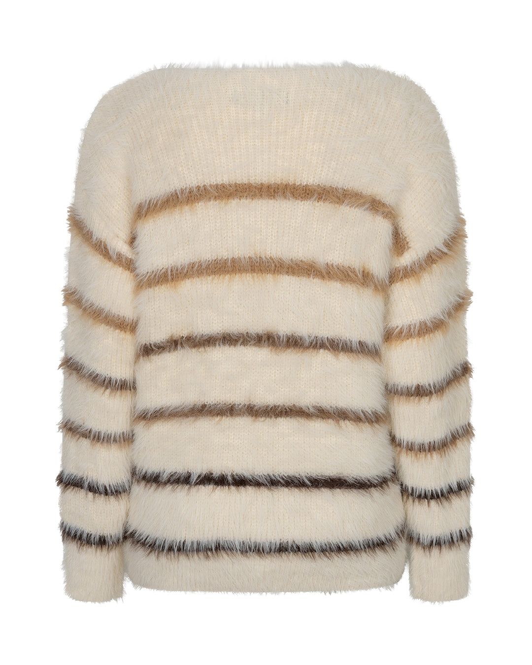 Kuschelpullover in creme mit Rundhals und 2 camel und 2 cappucinofarbenen sowie 2 dunkelbraunen Streifen, Wunderwerk oldenburg