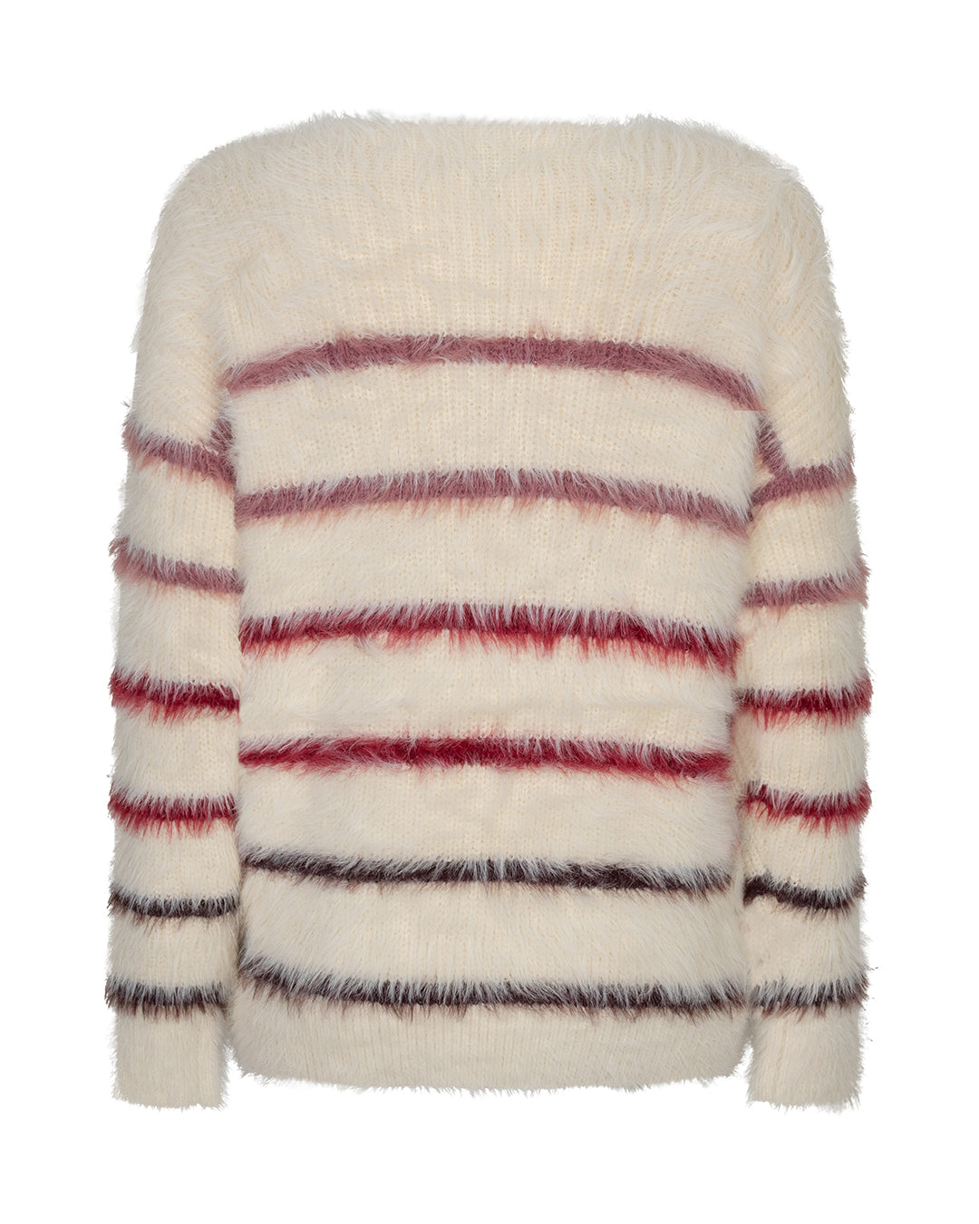 Kuschelpullover in creme mit Rundhals und 2 altrosa und 2 roten sowie 2 dunkelroten Streifen, Wunderwerk oldenburg