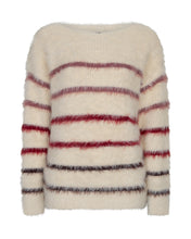 Lade das Bild in den Galerie-Viewer, Kuschelpullover in creme mit Rundhals und 2 altrosa und 2 roten sowie 2 dunkelroten Streifen, Wunderwerk oldenburg
