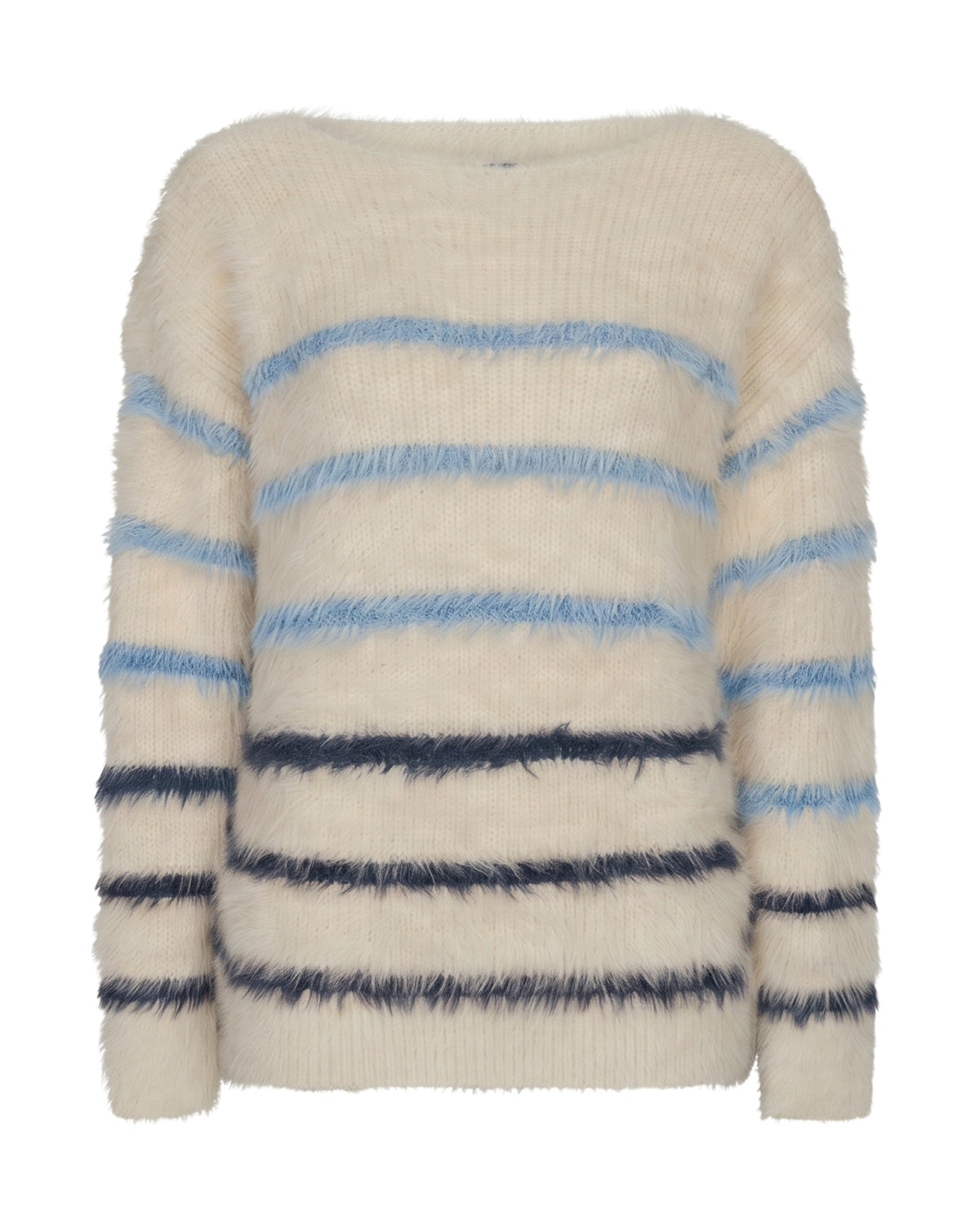 Kuschelpullover in creme mit Rundhals und 3 hellblauen und 3 dunkelblauen Streifen, Wunderwerk oldenburg