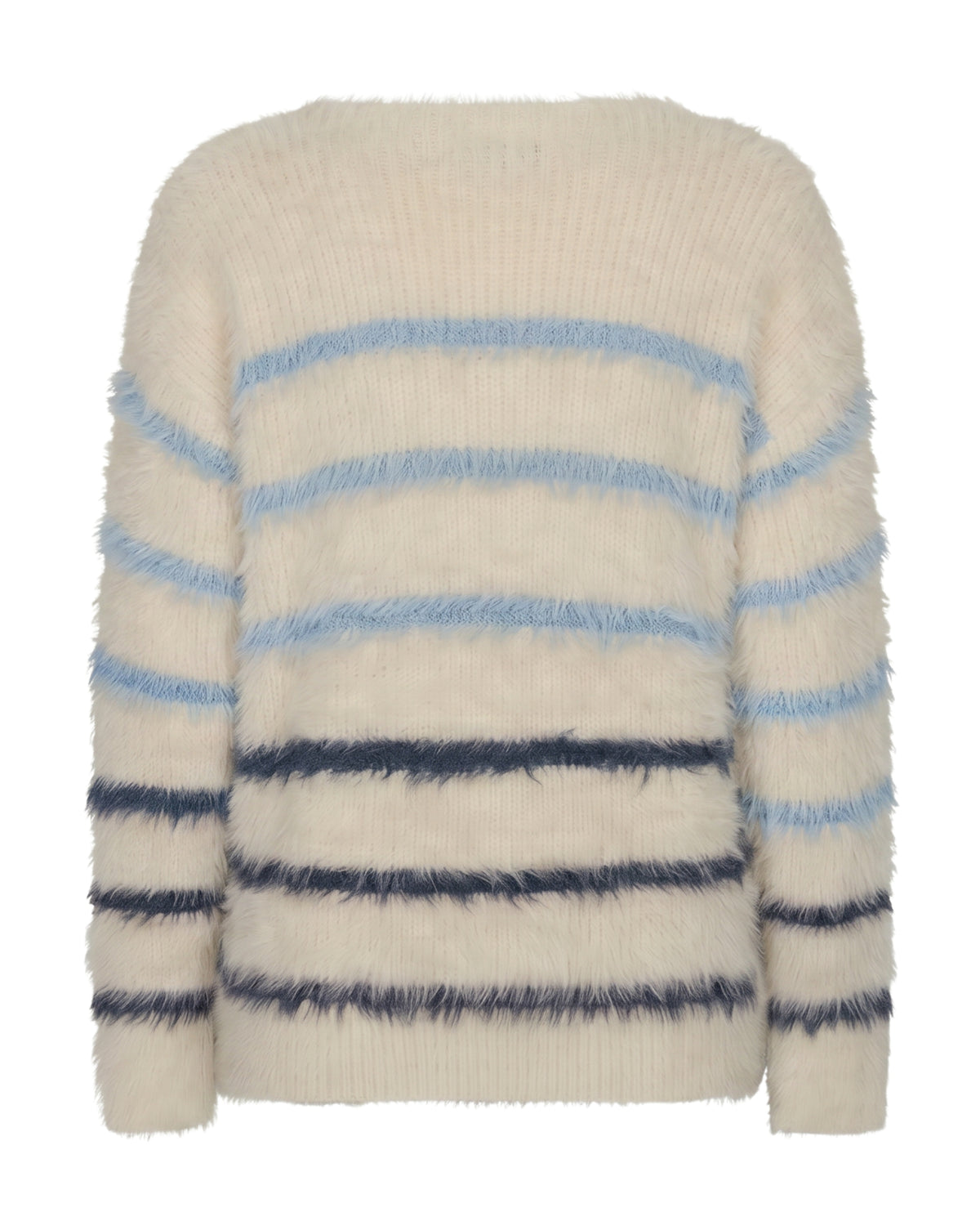 Kuschelpullover in creme mit Rundhals und 3 hellblauen und 3 dunkelblauen Streifen, Wunderwerk oldenburg