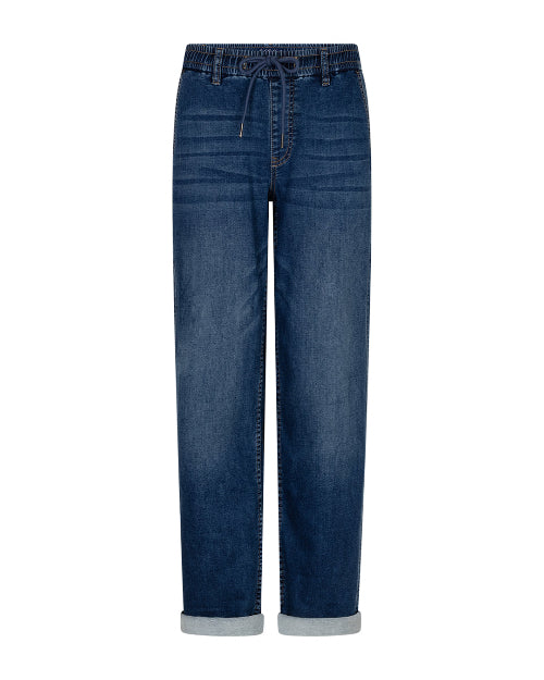 Dunkelblaue Jeans in einer 31er Länge mit Gummibund und kleinem Bindeband, Wunderwerk Oldenburg