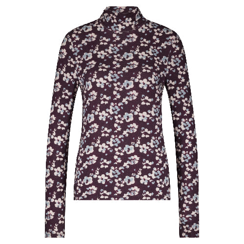 Rolinde Langarmshirt mit kleinem Stehkragen und Flowerprint in der Farbe Aubergine. Wunderwerk Oldenburg