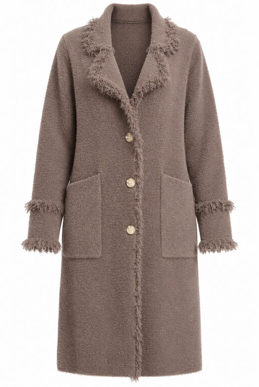 Langer taupefarbener Cardigan mit Fransendetails und 3 Knöpfen zum Schließen, Wunderwerk Oldenburg