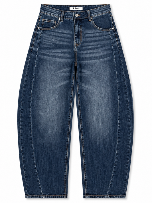 Barrel-Jeans in dunkelblauer Waschung mit gerundeter Beinform und schmal zulaufenden Beinabschlüssen, Wunderwerk Oldenburg