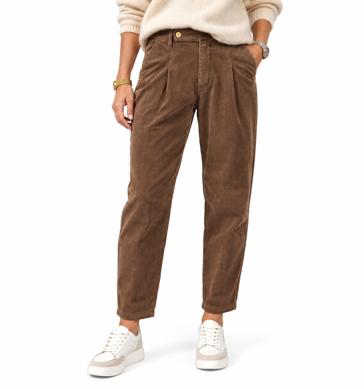 Cordhose in choco mit Bundfalten und locker zulaufendem Bein, Wunderwerk Oldenburg
