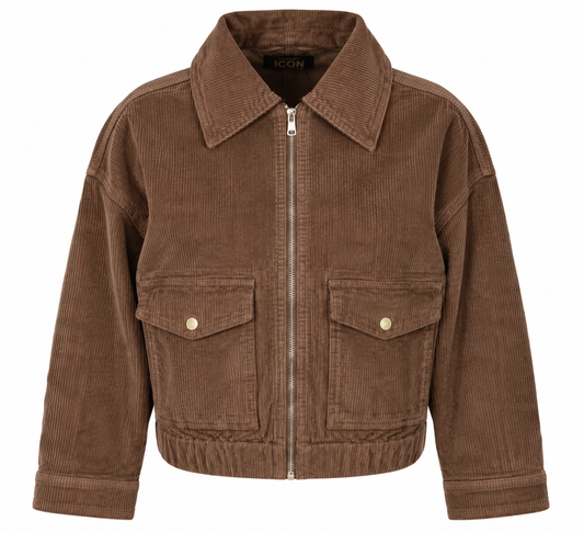 Cordjacke in Choco mit verkürztem Schnitt, markantem Kragen und aufgesetzten Taschen, Wunderwerk Oldenburg