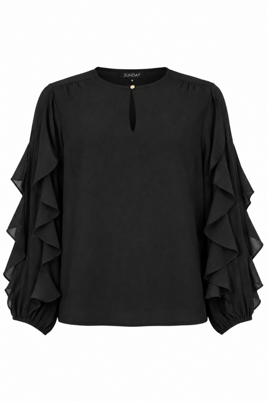 Schwarze Bluse mit fließenden Volantärmeln und kleinem Schlüssellochausschnitt, Wunderwerk Oldenburg