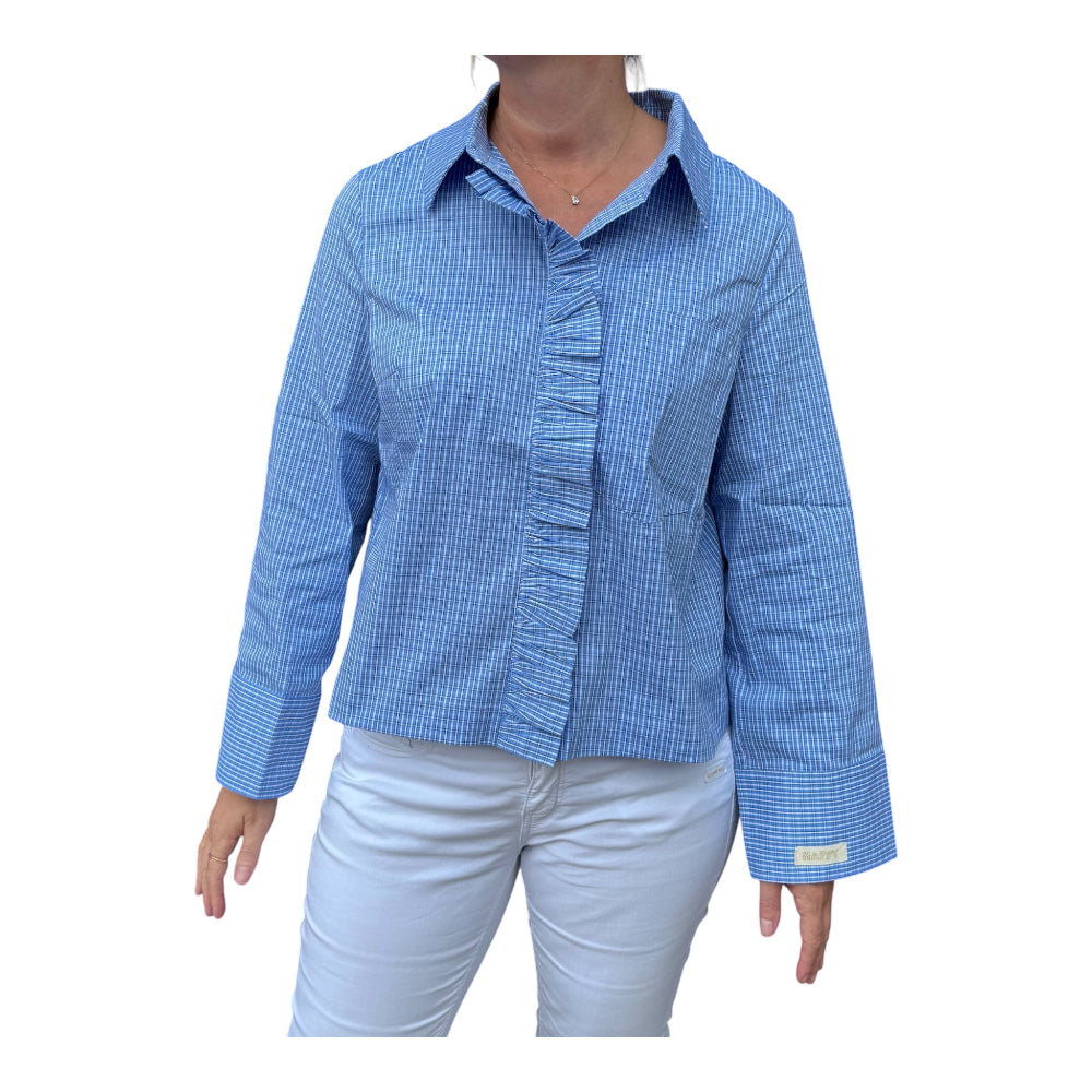 Blaue karierte Bluse mit Volantdetails, Brusttasche und locker geschnittenen Ärmeln Wunderwerk Oldenburg