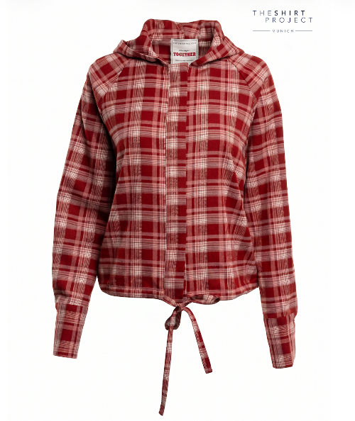Karierte Flanell Hoodie Bluse in rot mit Bindeband an Saum